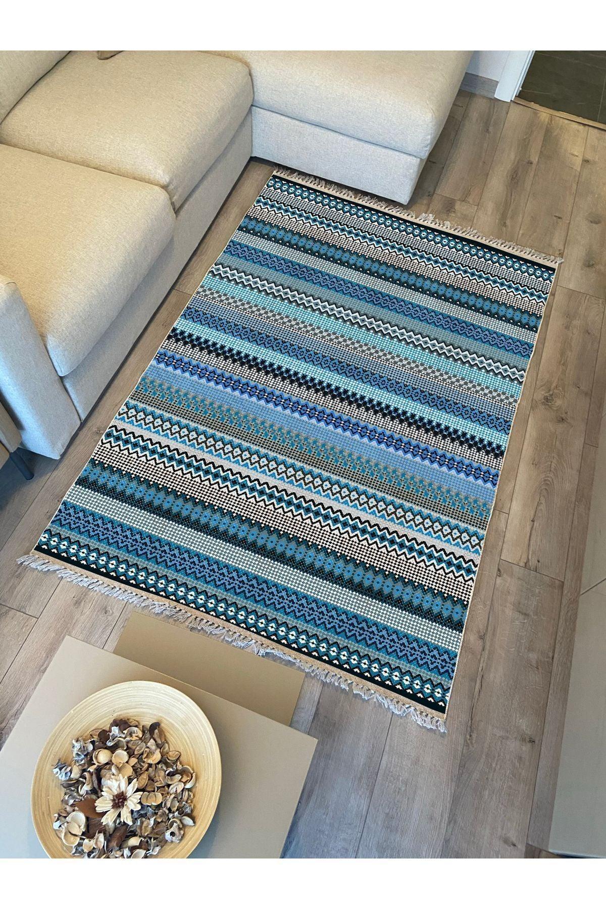 Cotton Kilim 6 Mavi Tonunda Geometrik Desenli Dekoratif Yıkanabilen Dokuma Taban Kilim - HALI VAGONU