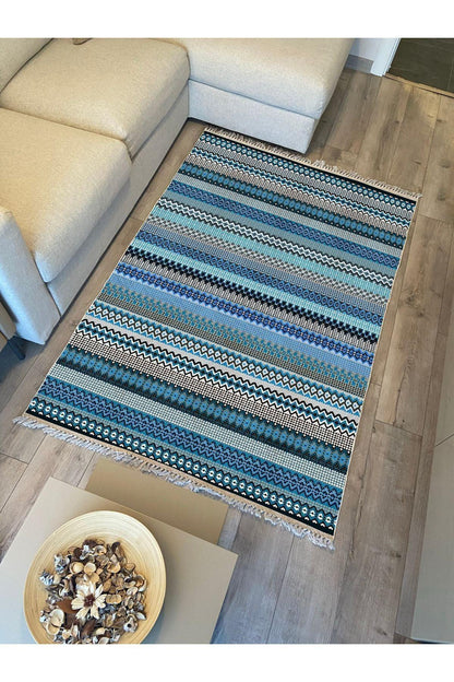 Cotton Kilim 6 Mavi Tonunda Geometrik Desenli Dekoratif Yıkanabilen Dokuma Taban Kilim - HALI VAGONU