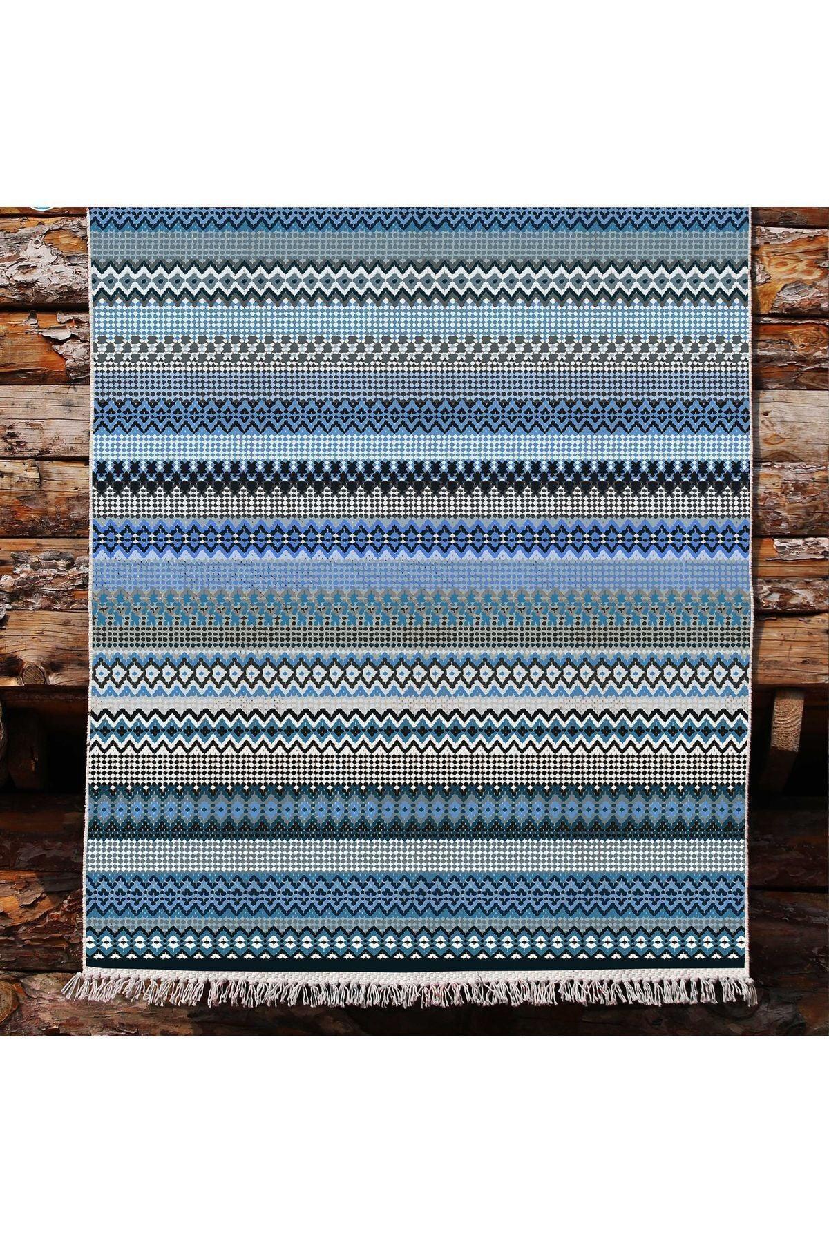 Cotton Kilim 6 Mavi Tonunda Geometrik Desenli Dekoratif Yıkanabilen Dokuma Taban Kilim - HALI VAGONU