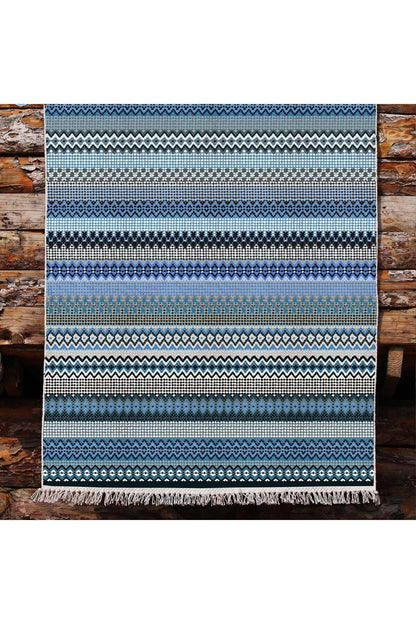 Cotton Kilim 6 Mavi Tonunda Geometrik Desenli Dekoratif Yıkanabilen Dokuma Taban Kilim - HALI VAGONU