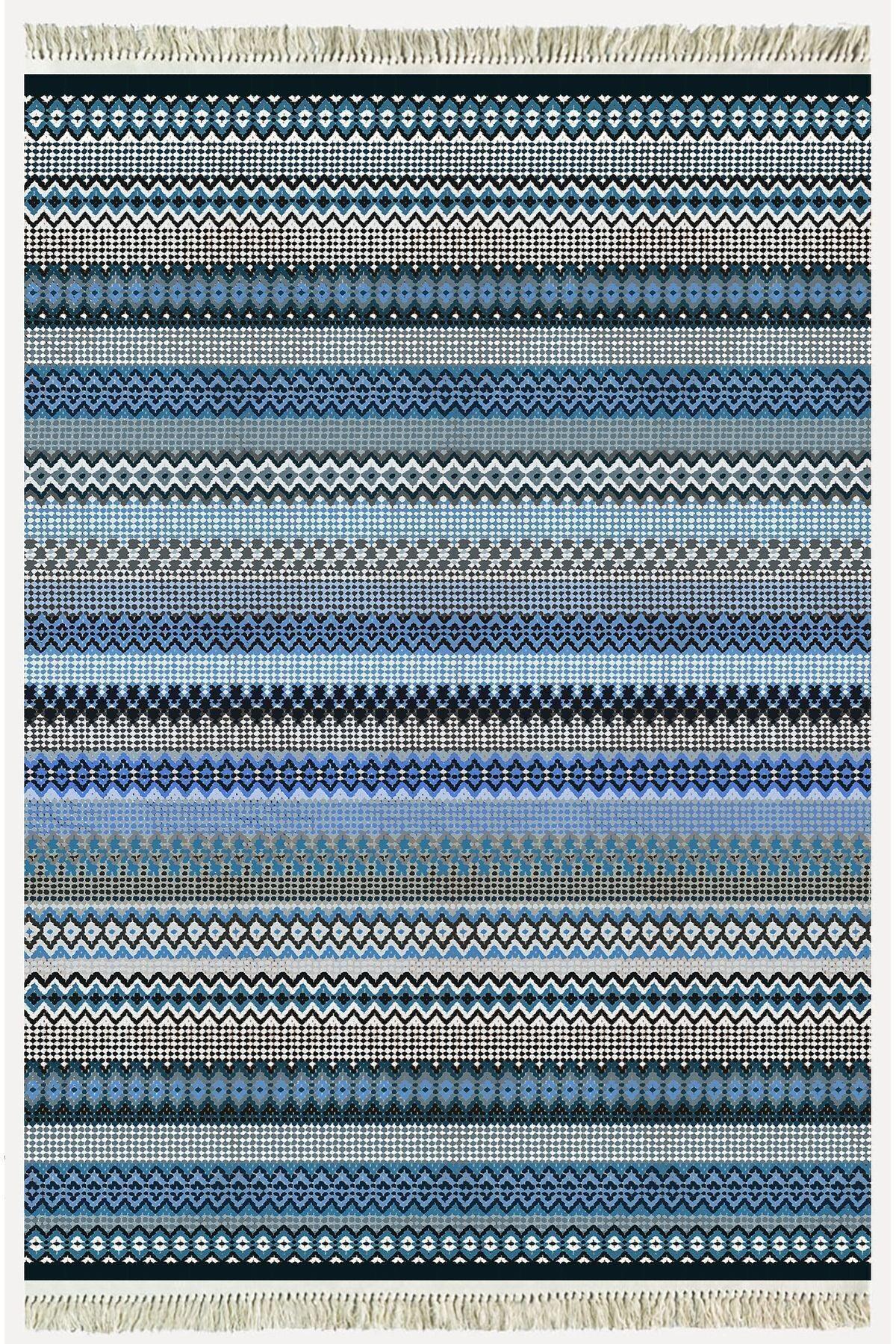 Cotton Kilim 6 Mavi Tonunda Geometrik Desenli Dekoratif Yıkanabilen Dokuma Taban Kilim - HALI VAGONU