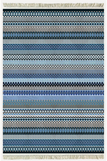 Cotton Kilim 6 Mavi Tonunda Geometrik Desenli Dekoratif Yıkanabilen Dokuma Taban Kilim - HALI VAGONU