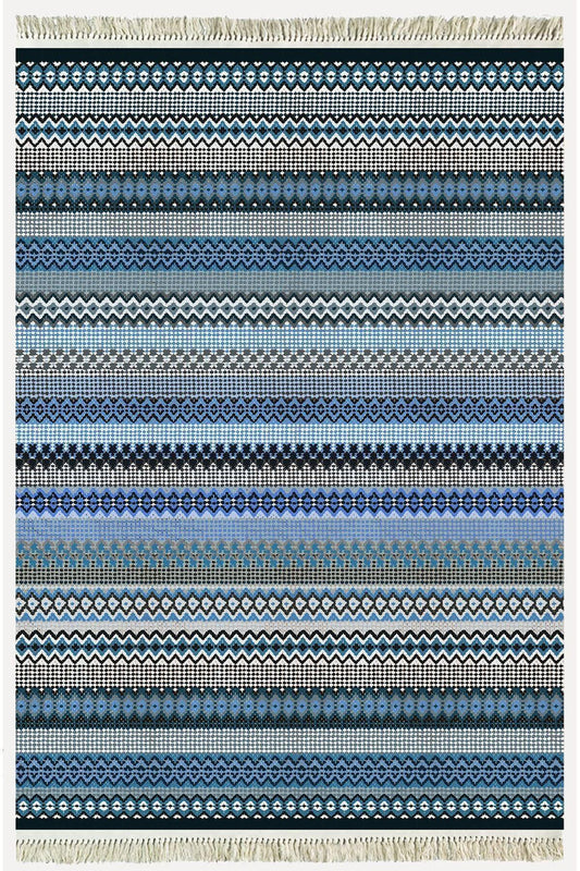 Cotton Kilim 6 Mavi Tonunda Geometrik Desenli Dekoratif Yıkanabilen Dokuma Taban Kilim - HALI VAGONU