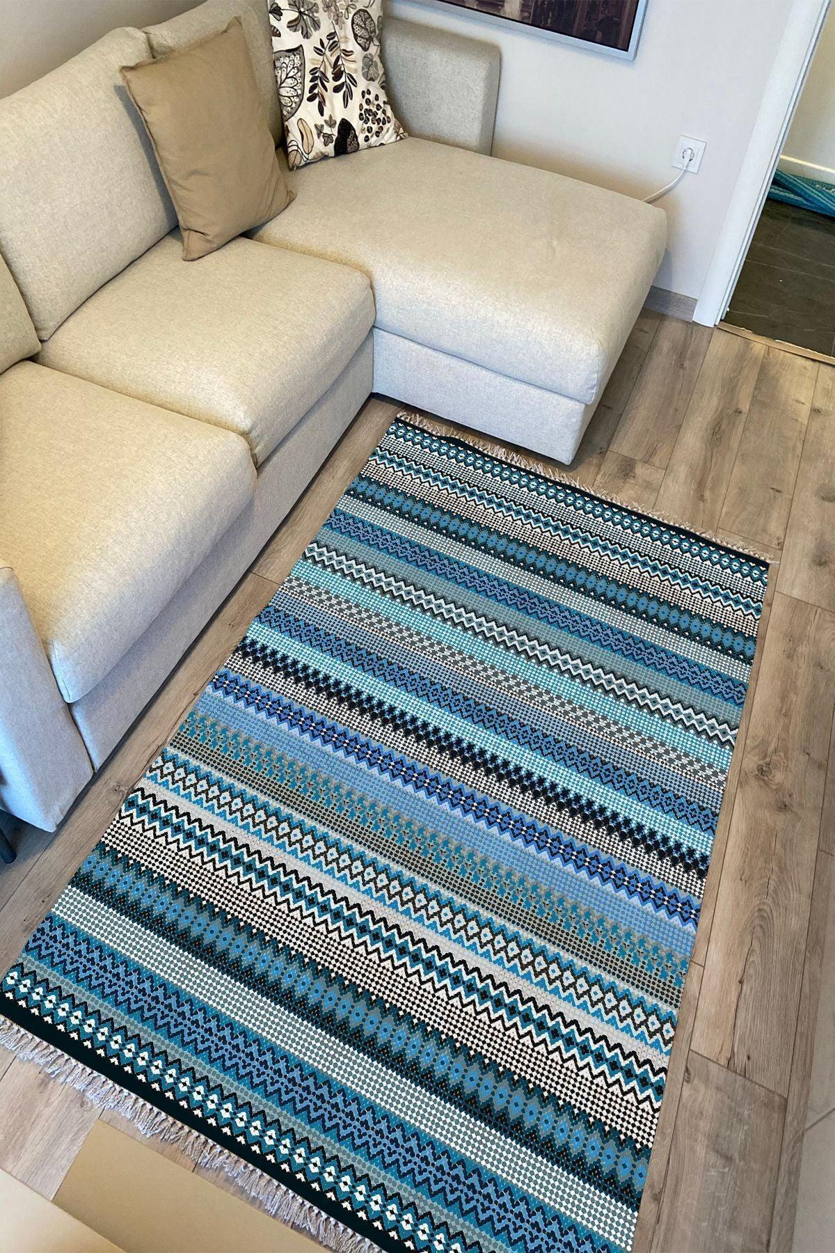 Cotton Kilim 6 Mavi Tonunda Geometrik Desenli Dekoratif Yıkanabilen Dokuma Taban Kilim - HALI VAGONU