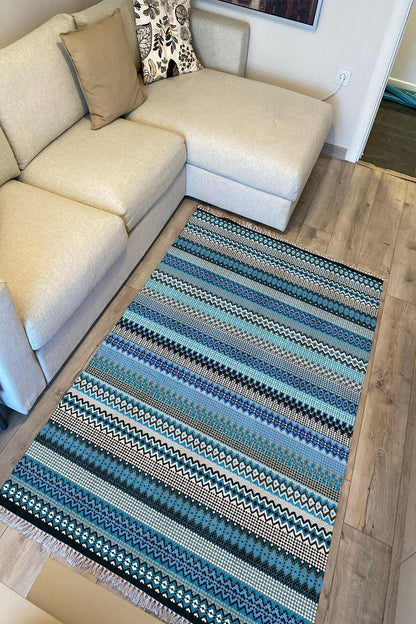 Cotton Kilim 6 Mavi Tonunda Geometrik Desenli Dekoratif Yıkanabilen Dokuma Taban Kilim - HALI VAGONU