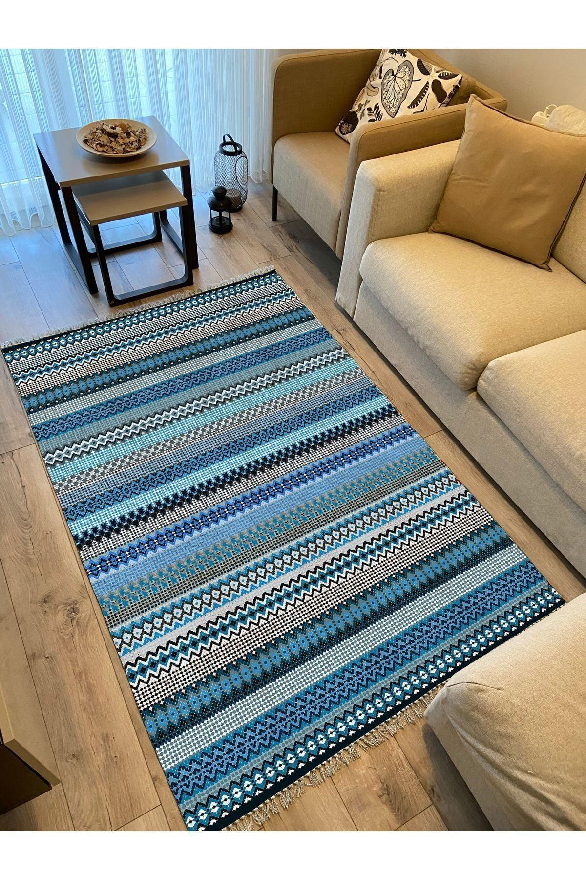 Cotton Kilim 6 Mavi Tonunda Geometrik Desenli Dekoratif Yıkanabilen Dokuma Taban Kilim - HALI VAGONU