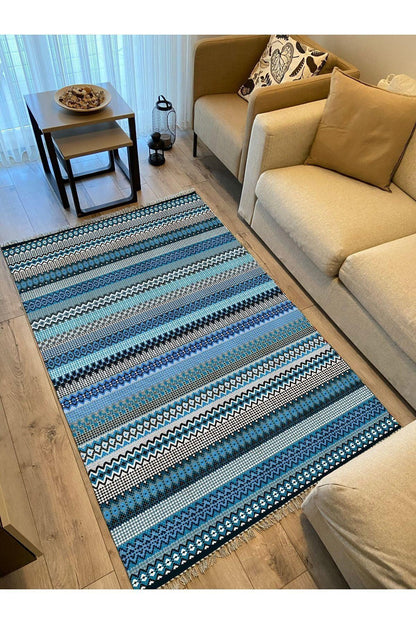 Cotton Kilim 6 Mavi Tonunda Geometrik Desenli Dekoratif Yıkanabilen Dokuma Taban Kilim - HALI VAGONU