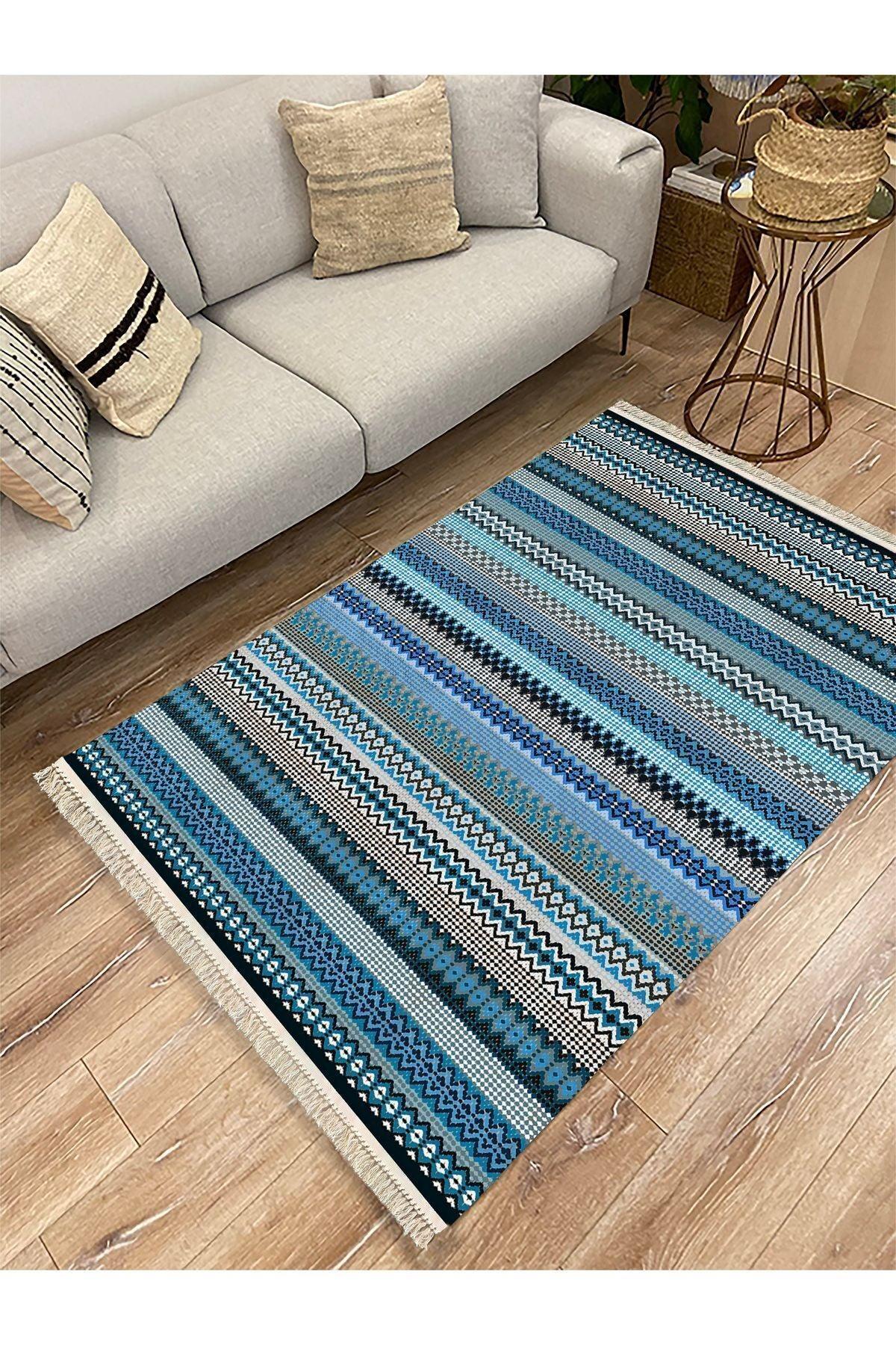 Cotton Kilim 6 Mavi Tonunda Geometrik Desenli Dekoratif Yıkanabilen Dokuma Taban Kilim - HALI VAGONU