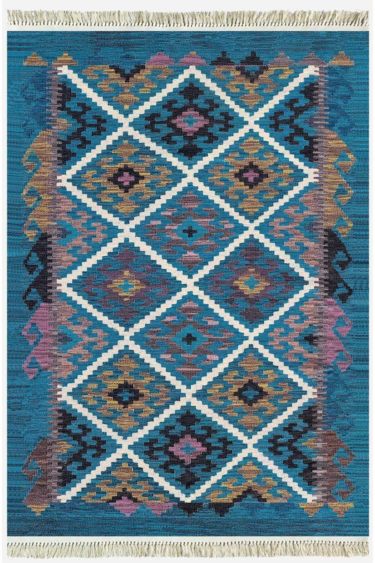 Cotton Kilim 60 Mavi Geleneksel Motifler Modern Dekoratif Saçaklı Yıkanabilen Dokuma Kilim - HALI VAGONU