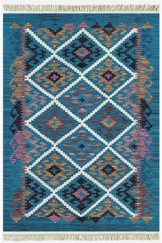 Cotton Kilim 60 Mavi Geleneksel Motifler Modern Dekoratif Saçaklı Yıkanabilen Dokuma Kilim - HALI VAGONU