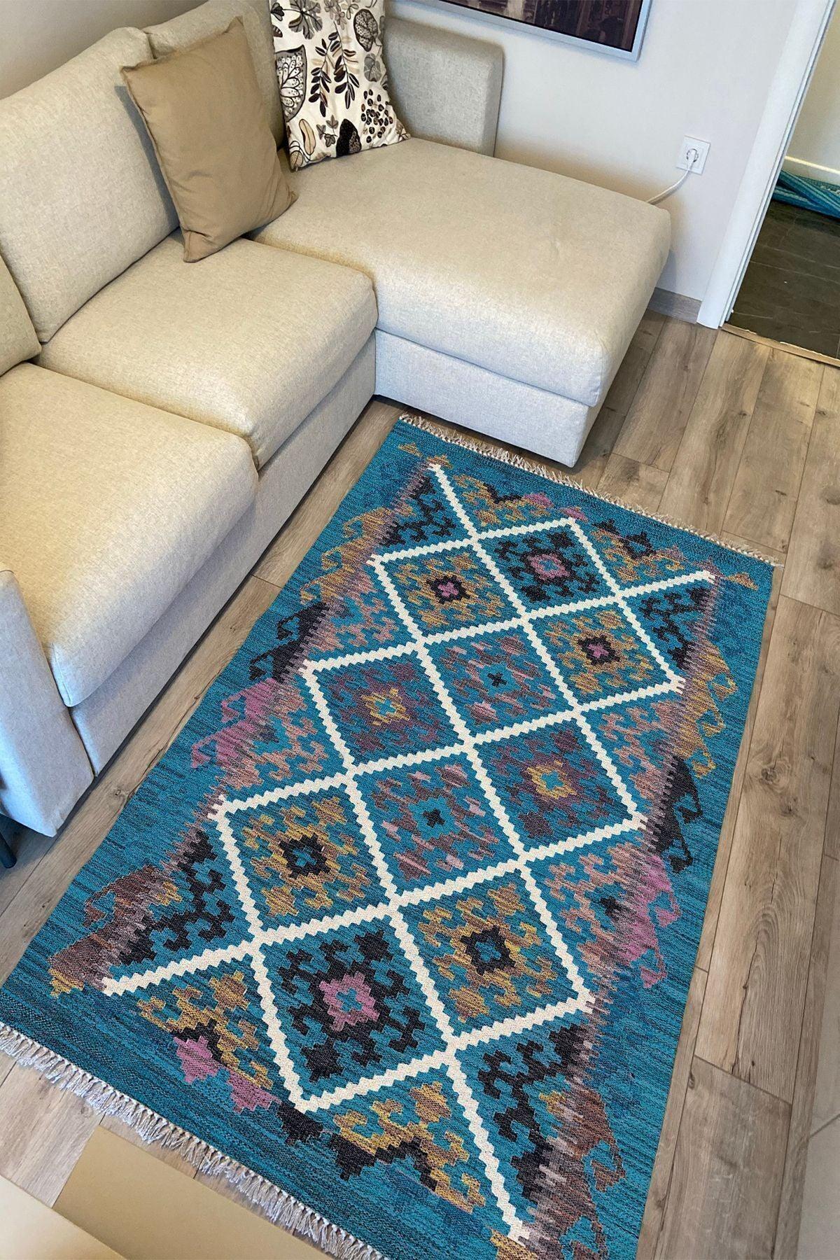 Cotton Kilim 60 Mavi Geleneksel Motifler Modern Dekoratif Saçaklı Yıkanabilen Dokuma Kilim - HALI VAGONU