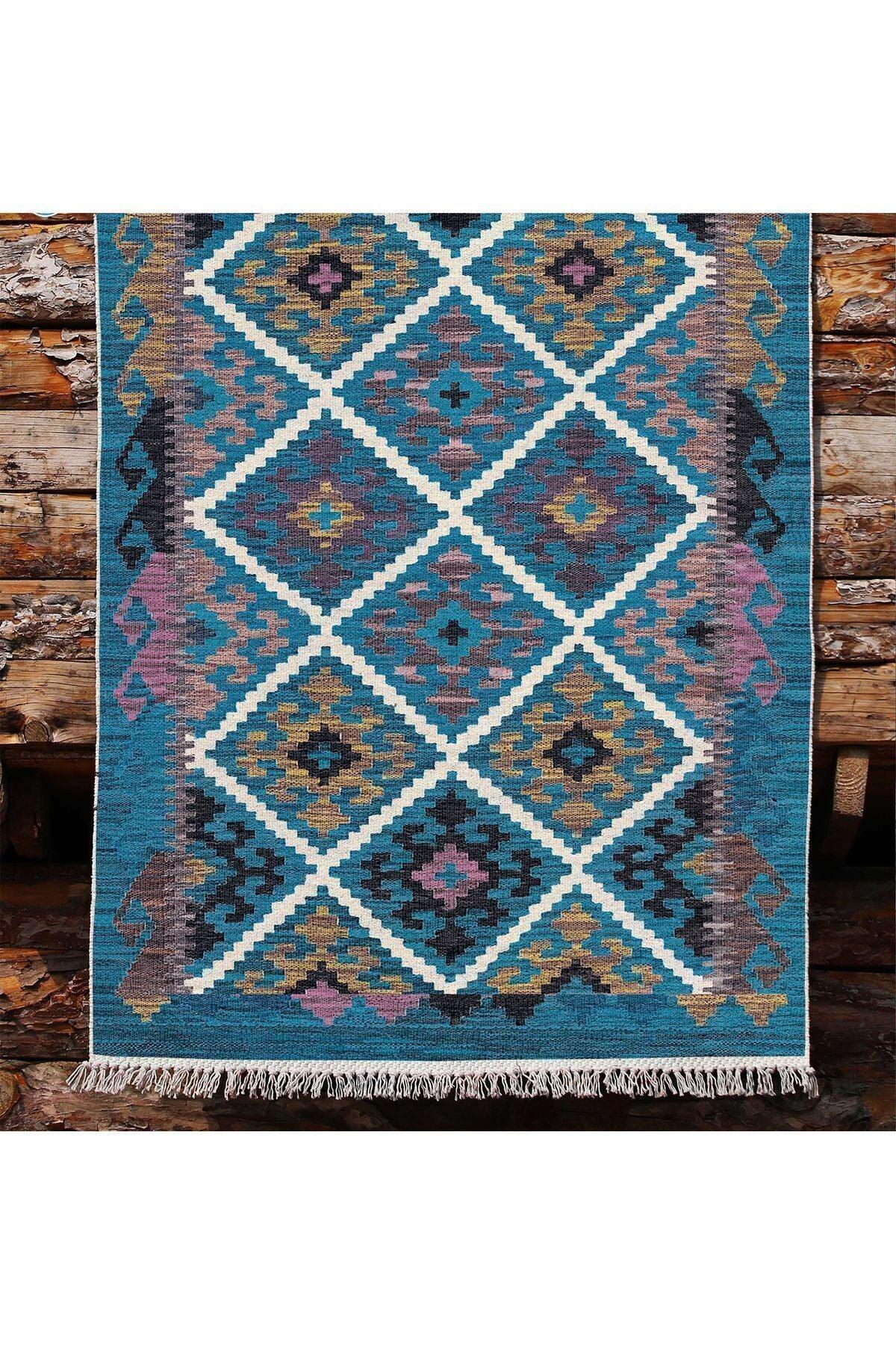 Cotton Kilim 60 Mavi Geleneksel Motifler Modern Dekoratif Saçaklı Yıkanabilen Dokuma Kilim - HALI VAGONU