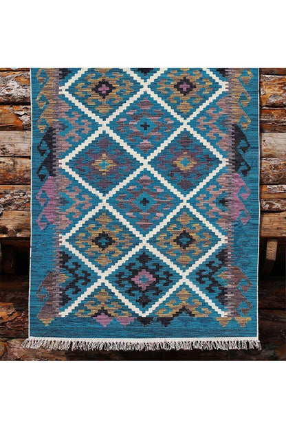 Cotton Kilim 60 Mavi Geleneksel Motifler Modern Dekoratif Saçaklı Yıkanabilen Dokuma Kilim - HALI VAGONU