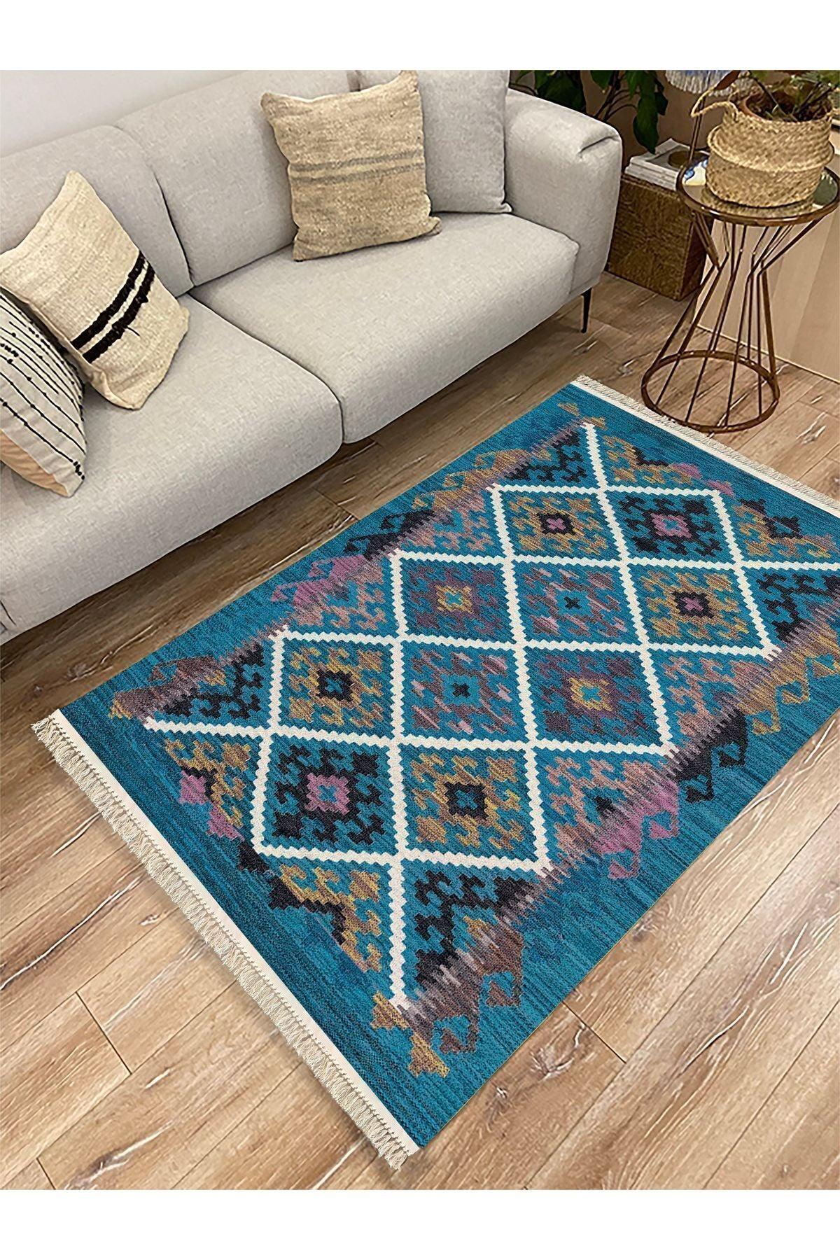 Cotton Kilim 60 Mavi Geleneksel Motifler Modern Dekoratif Saçaklı Yıkanabilen Dokuma Kilim - HALI VAGONU
