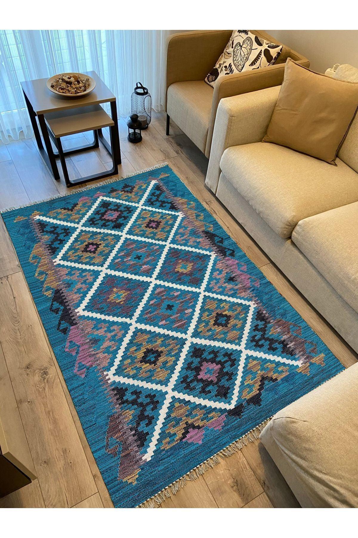 Cotton Kilim 60 Mavi Geleneksel Motifler Modern Dekoratif Saçaklı Yıkanabilen Dokuma Kilim - HALI VAGONU
