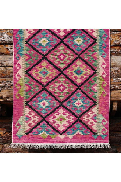 Cotton Kilim 61 Füşya Geleneksel Motifler Modern Dekoratif Saçaklı Yıkanabilen Dokuma Kilim - HALI VAGONU