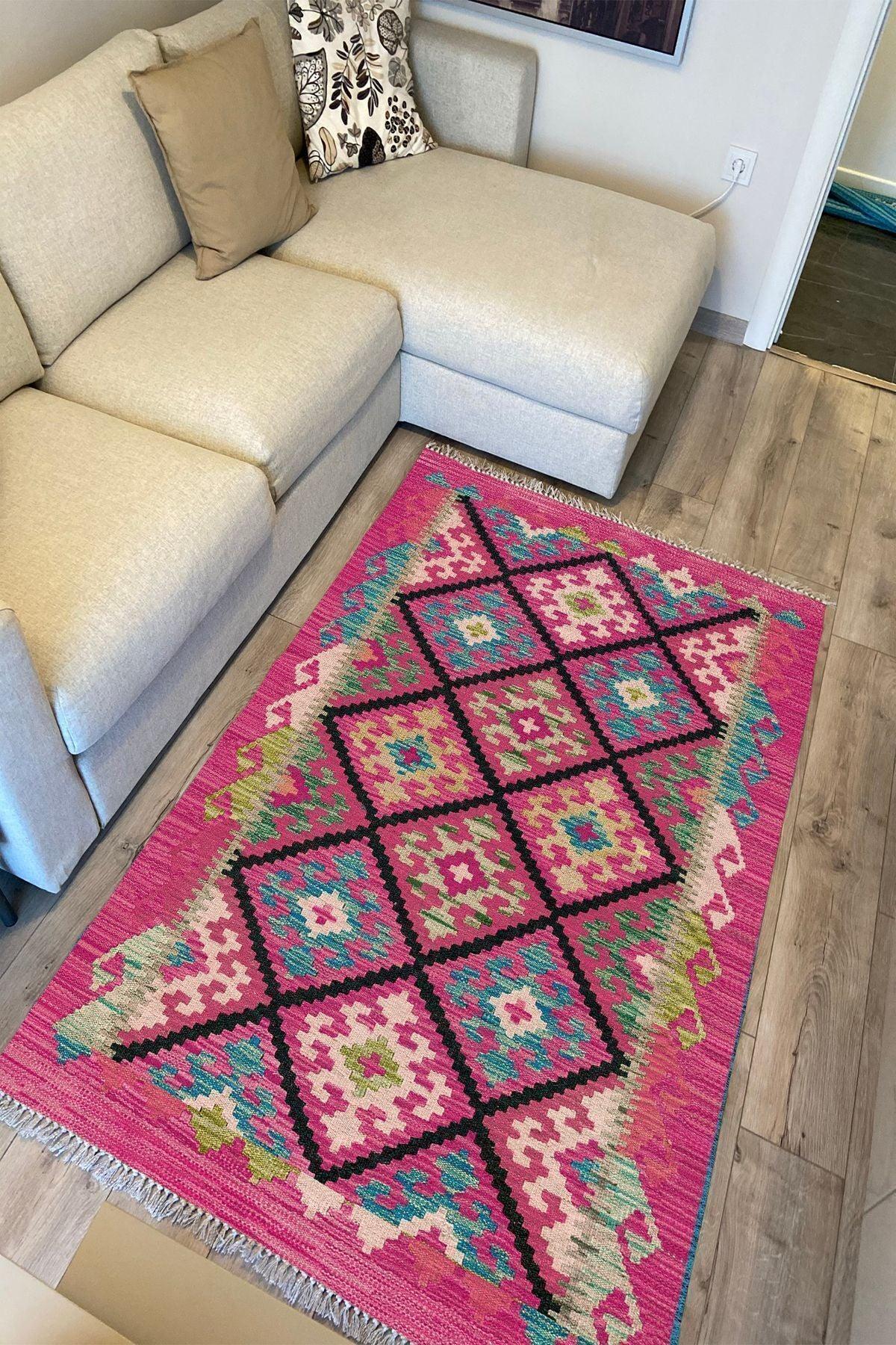 Cotton Kilim 61 Füşya Geleneksel Motifler Modern Dekoratif Saçaklı Yıkanabilen Dokuma Kilim - HALI VAGONU