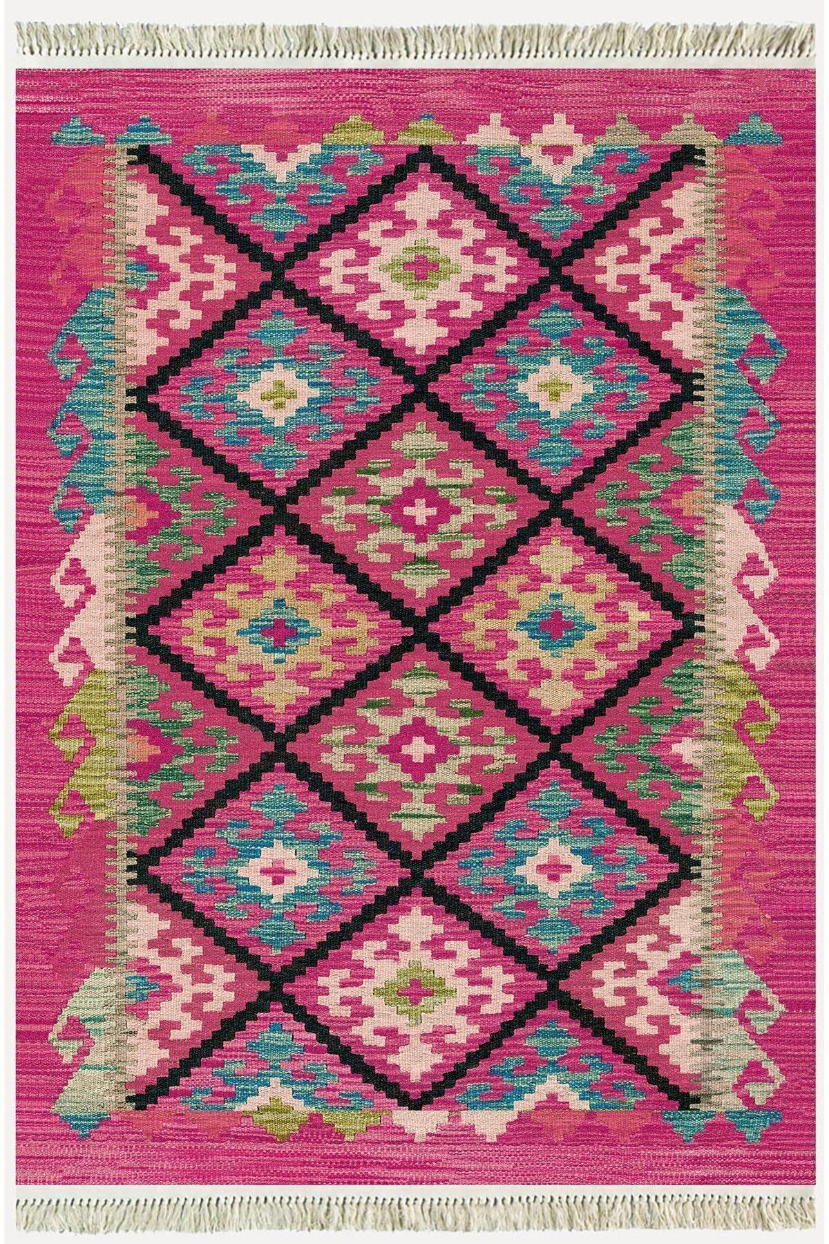 Cotton Kilim 61 Füşya Geleneksel Motifler Modern Dekoratif Saçaklı Yıkanabilen Dokuma Kilim - HALI VAGONU