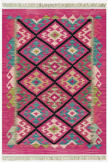 Cotton Kilim 61 Füşya Geleneksel Motifler Modern Dekoratif Saçaklı Yıkanabilen Dokuma Kilim - HALI VAGONU