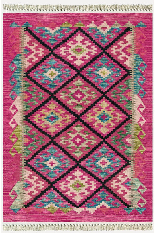 Cotton Kilim 61 Füşya Geleneksel Motifler Modern Dekoratif Saçaklı Yıkanabilen Dokuma Kilim - HALI VAGONU