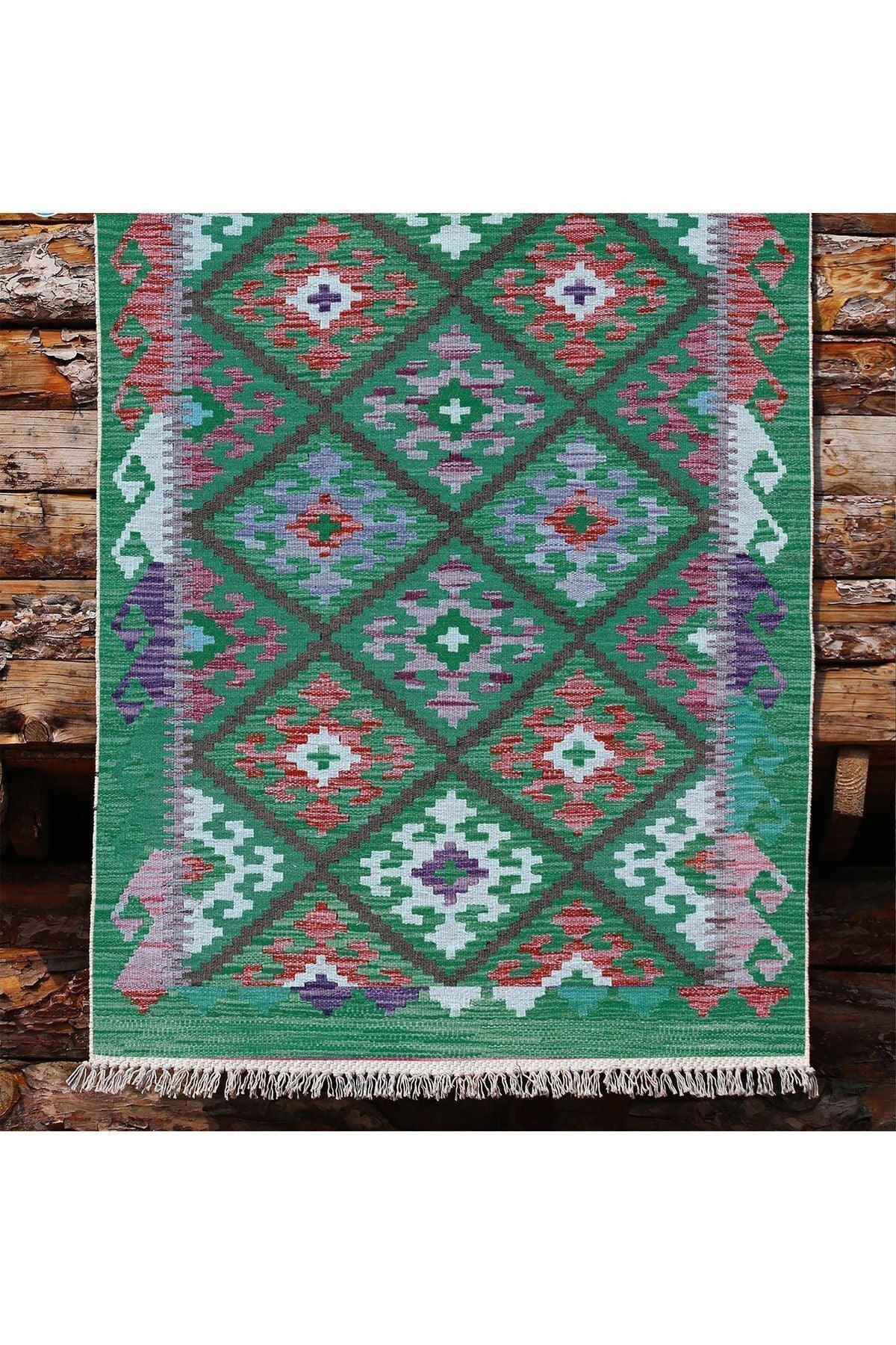 Cotton Kilim 62 Yeşil Geleneksel Motifler Modern Dekoratif Saçaklı Yıkanabilen Dokuma Kilim - HALI VAGONU