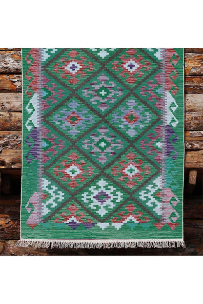 Cotton Kilim 62 Yeşil Geleneksel Motifler Modern Dekoratif Saçaklı Yıkanabilen Dokuma Kilim - HALI VAGONU