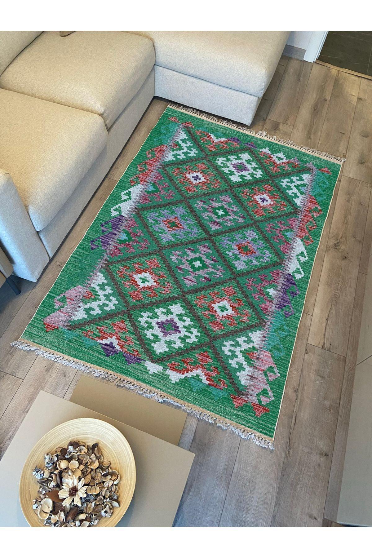 Cotton Kilim 62 Yeşil Geleneksel Motifler Modern Dekoratif Saçaklı Yıkanabilen Dokuma Kilim - HALI VAGONU