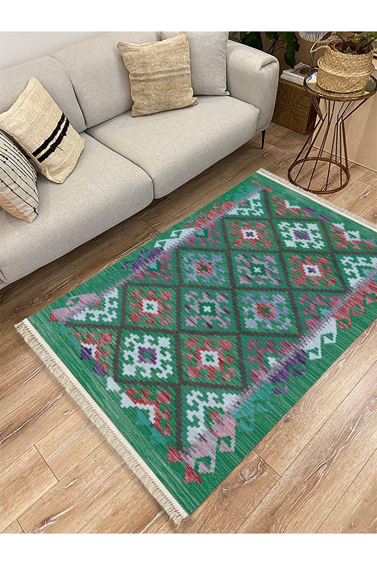 Cotton Kilim 62 Yeşil Geleneksel Motifler Modern Dekoratif Saçaklı Yıkanabilen Dokuma Kilim - HALI VAGONU