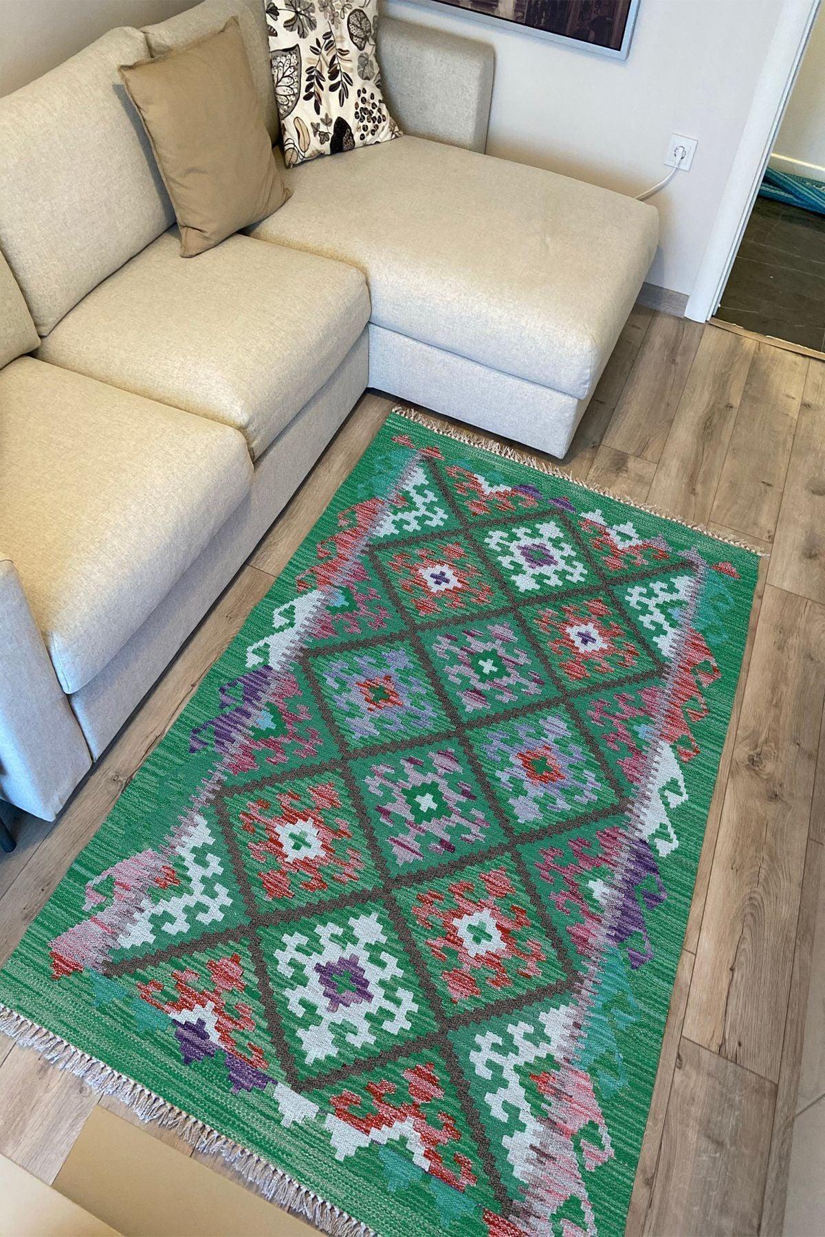 Cotton Kilim 62 Yeşil Geleneksel Motifler Modern Dekoratif Saçaklı Yıkanabilen Dokuma Kilim - HALI VAGONU