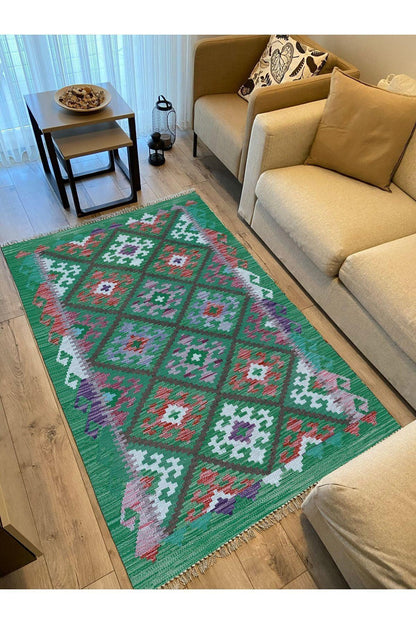 Cotton Kilim 62 Yeşil Geleneksel Motifler Modern Dekoratif Saçaklı Yıkanabilen Dokuma Kilim - HALI VAGONU
