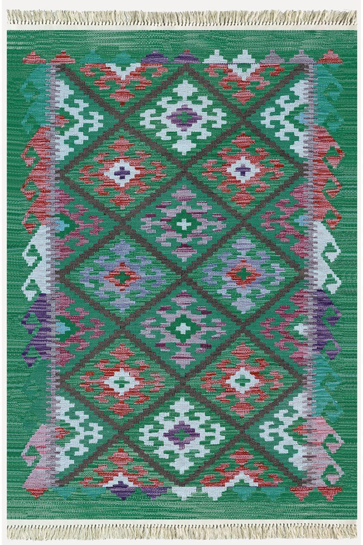 Cotton Kilim 62 Yeşil Geleneksel Motifler Modern Dekoratif Saçaklı Yıkanabilen Dokuma Kilim - HALI VAGONU
