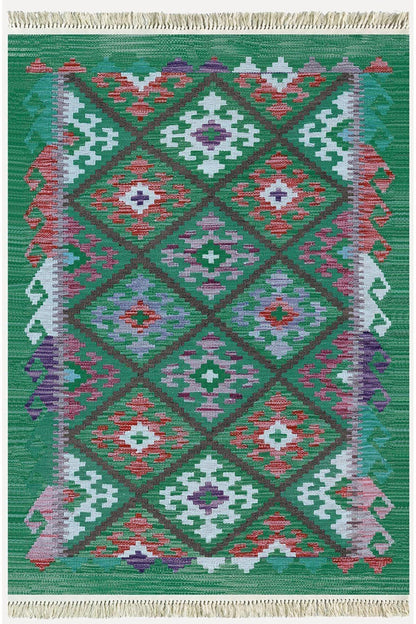 Cotton Kilim 62 Yeşil Geleneksel Motifler Modern Dekoratif Saçaklı Yıkanabilen Dokuma Kilim - HALI VAGONU
