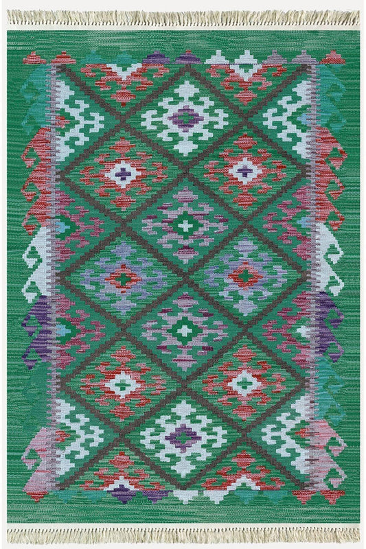 Cotton Kilim 62 Yeşil Geleneksel Motifler Modern Dekoratif Saçaklı Yıkanabilen Dokuma Kilim - HALI VAGONU