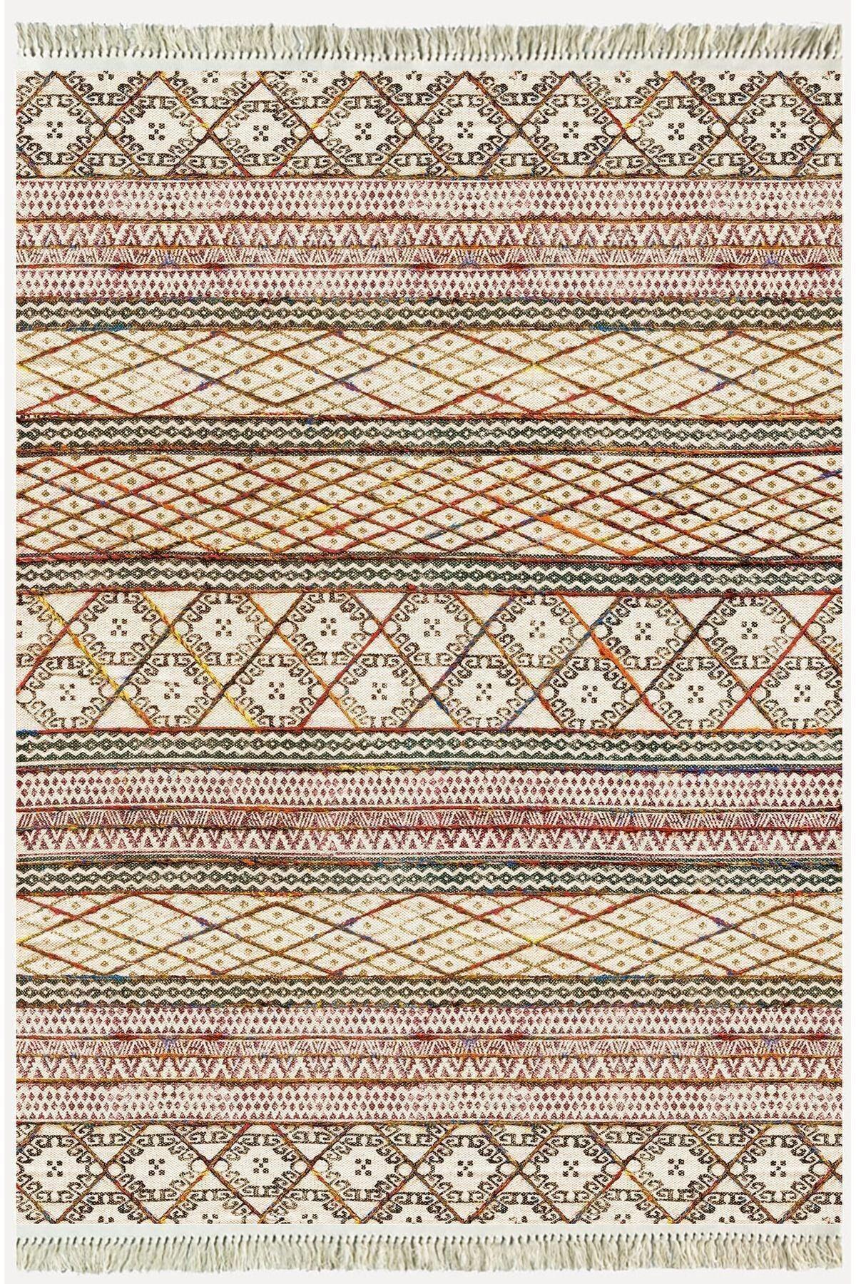 Cotton Kilim 63 Multu Iskandinav Motifler Modern Dekoratif Saçaklı Yıkanabilen Dokuma Kilim - HALI VAGONU