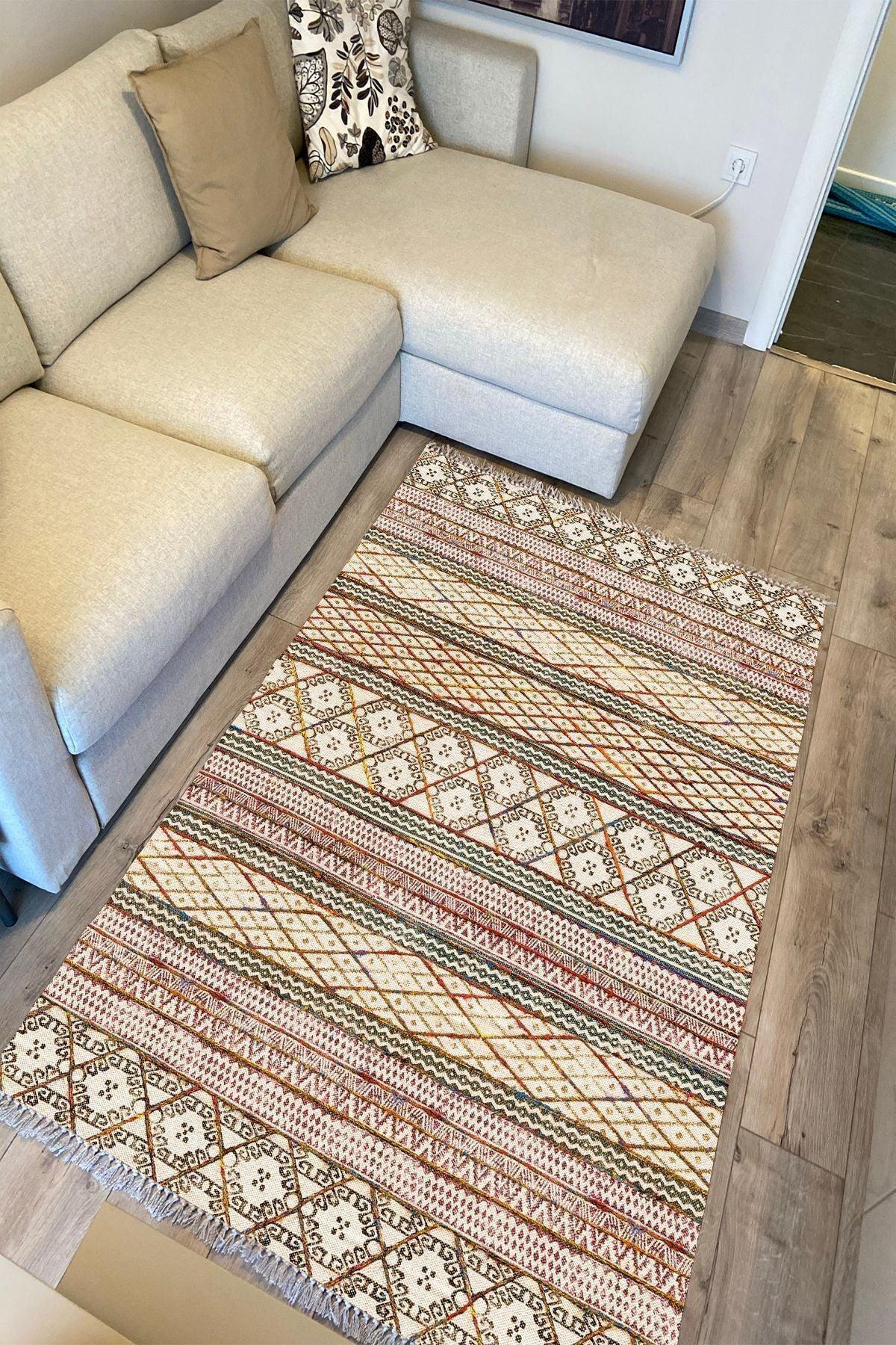 Cotton Kilim 63 Multu Iskandinav Motifler Modern Dekoratif Saçaklı Yıkanabilen Dokuma Kilim - HALI VAGONU