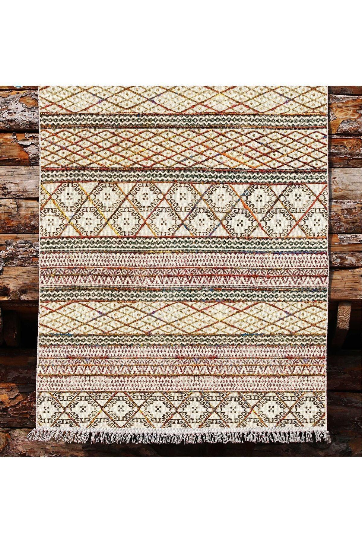 Cotton Kilim 63 Multu Iskandinav Motifler Modern Dekoratif Saçaklı Yıkanabilen Dokuma Kilim - HALI VAGONU