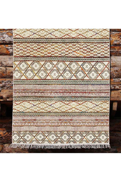 Cotton Kilim 63 Multu Iskandinav Motifler Modern Dekoratif Saçaklı Yıkanabilen Dokuma Kilim - HALI VAGONU