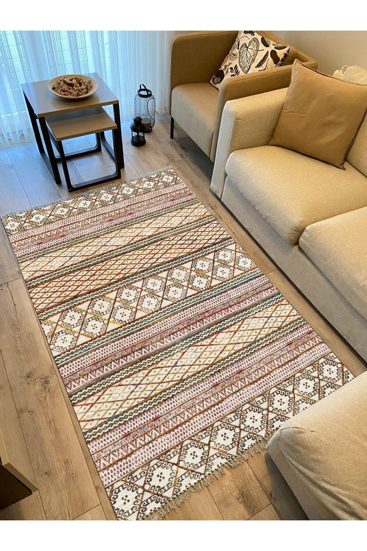 Cotton Kilim 63 Multu Iskandinav Motifler Modern Dekoratif Saçaklı Yıkanabilen Dokuma Kilim - HALI VAGONU