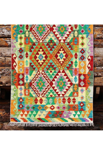 Cotton Kilim 64 Yeşil Geleneksel Motifler Modern Dekoratif Saçaklı Yıkanabilen Dokuma Kilim - HALI VAGONU