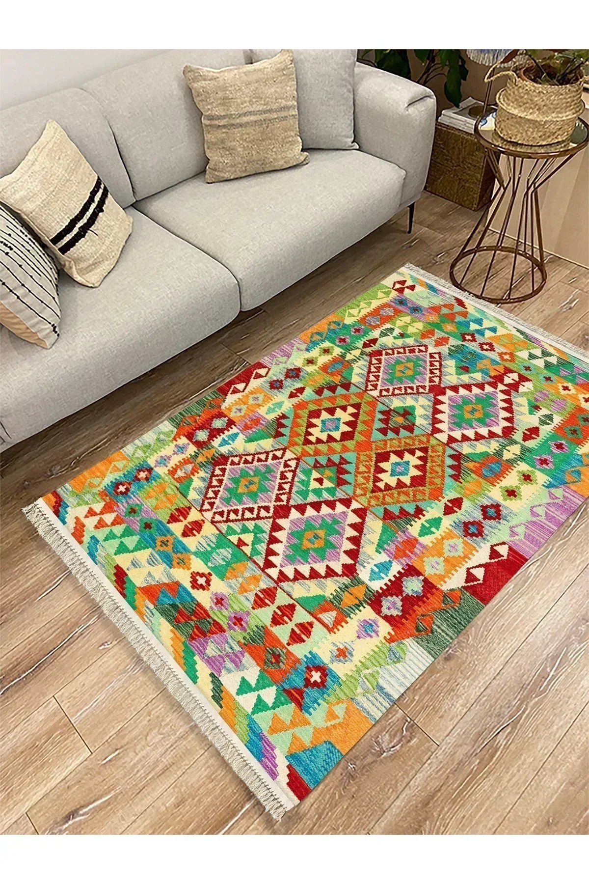 Cotton Kilim 64 Yeşil Geleneksel Motifler Modern Dekoratif Saçaklı Yıkanabilen Dokuma Kilim - HALI VAGONU
