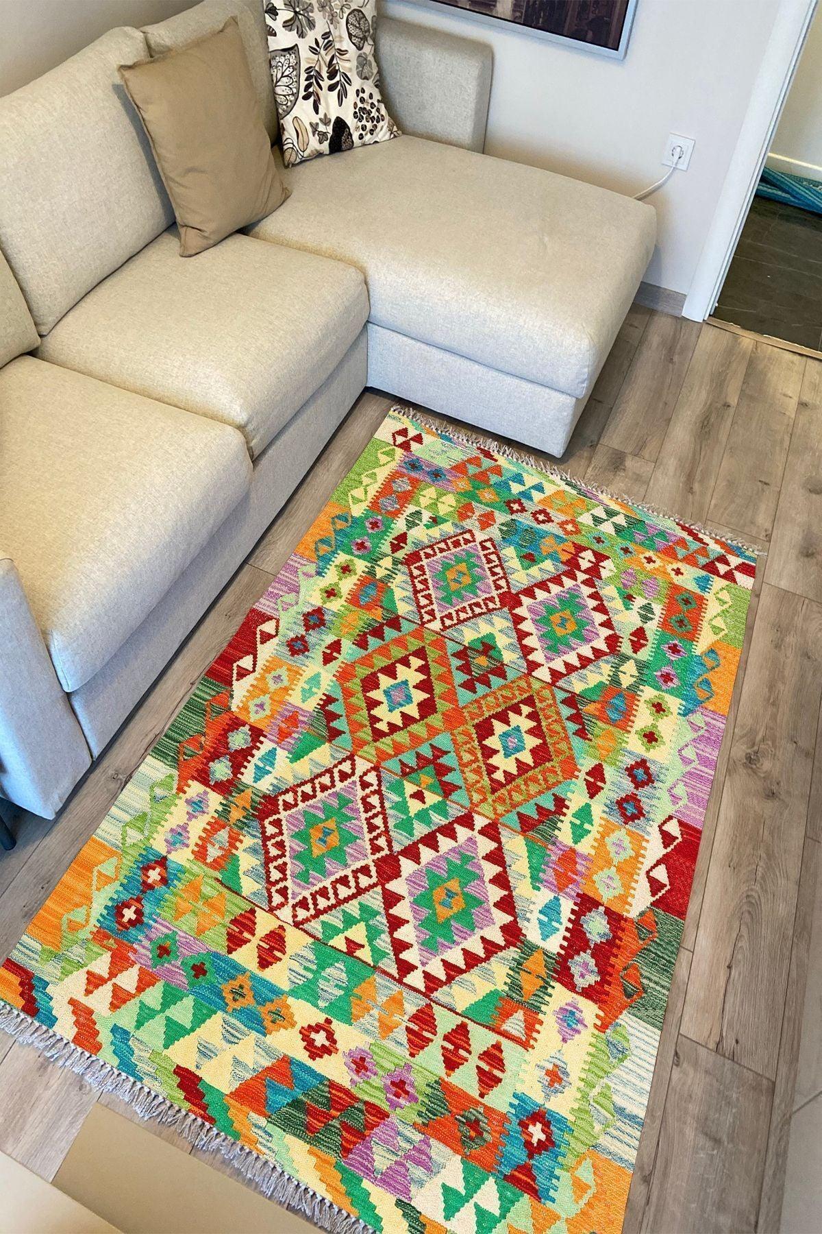 Cotton Kilim 64 Yeşil Geleneksel Motifler Modern Dekoratif Saçaklı Yıkanabilen Dokuma Kilim - HALI VAGONU