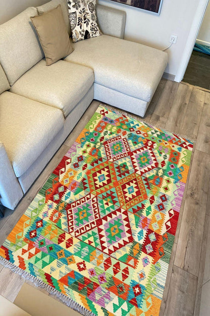 Cotton Kilim 64 Yeşil Geleneksel Motifler Modern Dekoratif Saçaklı Yıkanabilen Dokuma Kilim - HALI VAGONU