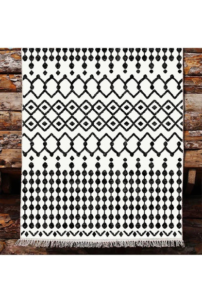 Cotton Kilim 65 Siyah Iskandinav Motifler Modern Dekoratif Saçaklı Yıkanabilen Dokuma Kilim - HALI VAGONU