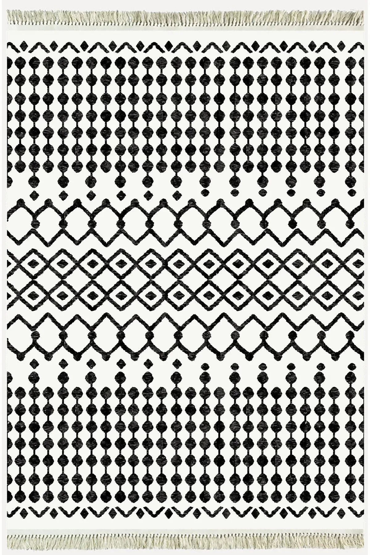Cotton Kilim 65 Siyah Iskandinav Motifler Modern Dekoratif Saçaklı Yıkanabilen Dokuma Kilim - HALI VAGONU