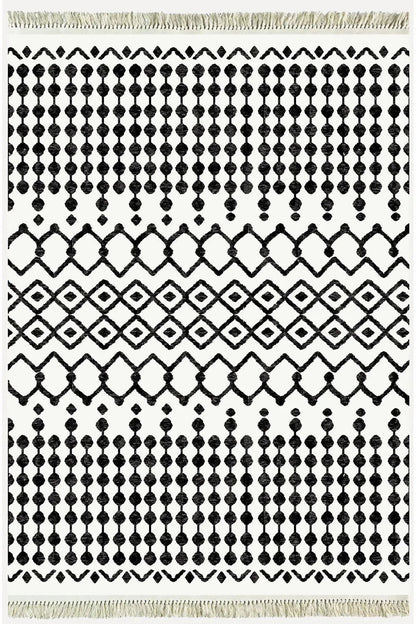 Cotton Kilim 65 Siyah Iskandinav Motifler Modern Dekoratif Saçaklı Yıkanabilen Dokuma Kilim - HALI VAGONU