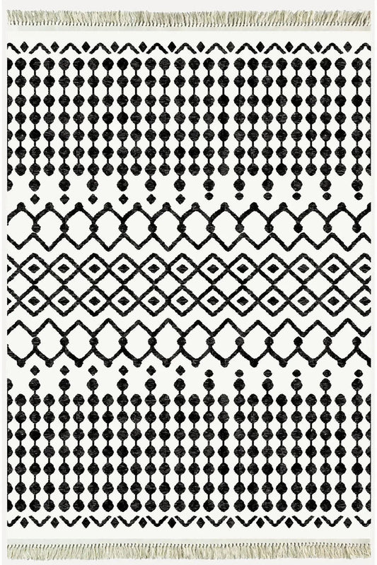 Cotton Kilim 65 Siyah Iskandinav Motifler Modern Dekoratif Saçaklı Yıkanabilen Dokuma Kilim - HALI VAGONU