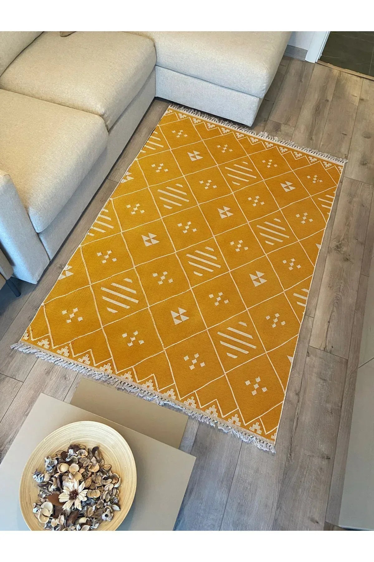 Cotton Kilim 69 Multu Iskandinav Motifler Modern Dekoratif Saçaklı Yıkanabilen Dokuma Kilim - HALI VAGONU