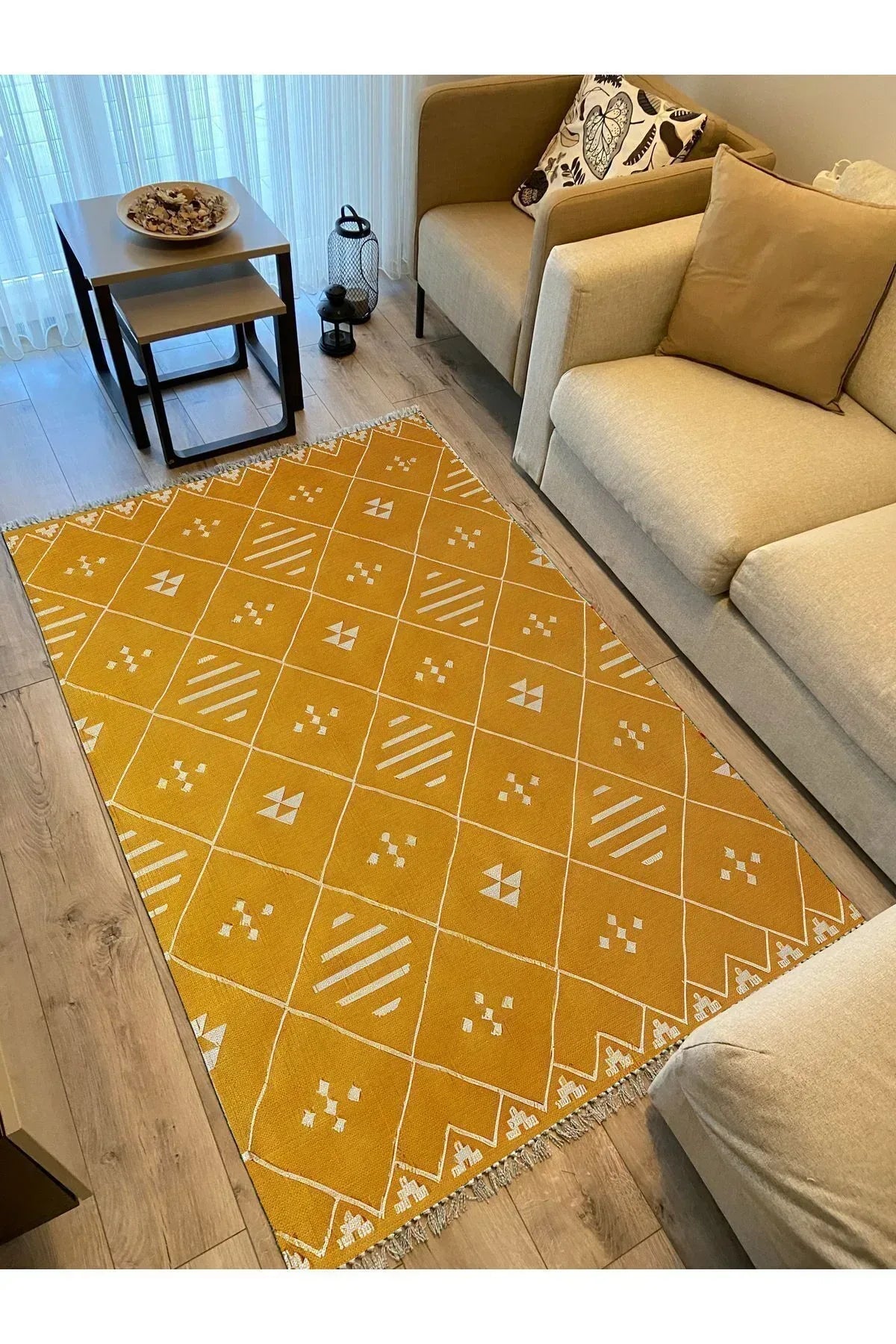 Cotton Kilim 69 Multu Iskandinav Motifler Modern Dekoratif Saçaklı Yıkanabilen Dokuma Kilim - HALI VAGONU