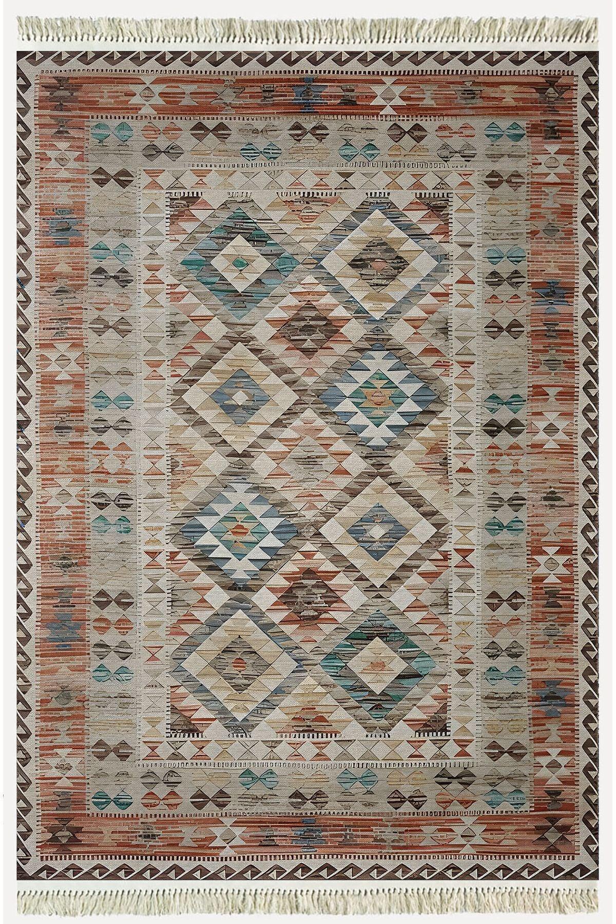 Cotton Kilim 7 Kahve Mavi Tonunda Geometrik Desenli Dekoratif Yıkanabilen Dokuma Taban Kilim - HALI VAGONU