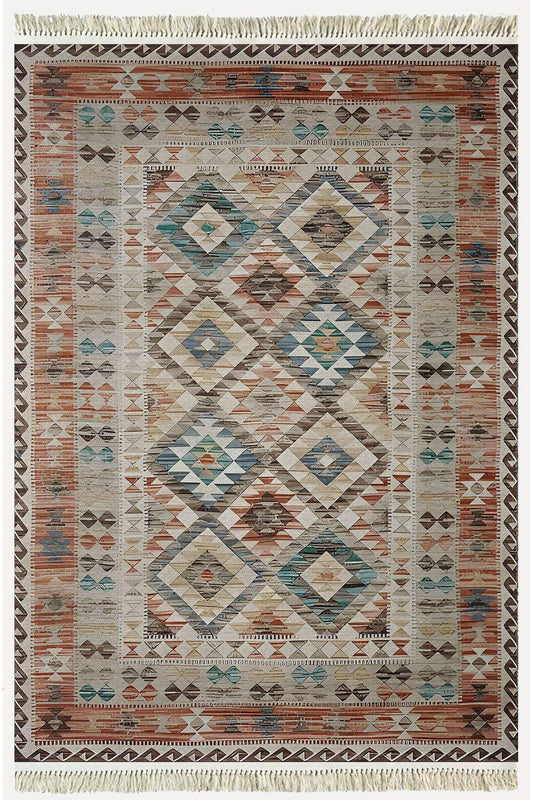 Cotton Kilim 7 Kahve Mavi Tonunda Geometrik Desenli Dekoratif Yıkanabilen Dokuma Taban Kilim - HALI VAGONU